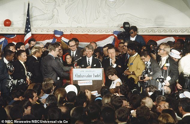 Robert F Kennedy shortly before he was shot in Los Angeles after his victory rally