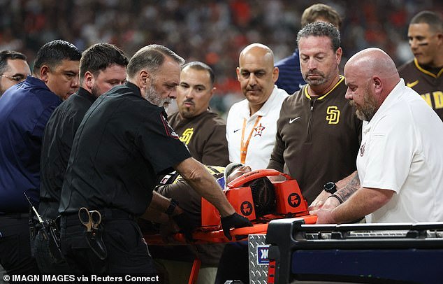 Arraez is seen being carted off the field after colliding with Houston's Mauricio Dubón