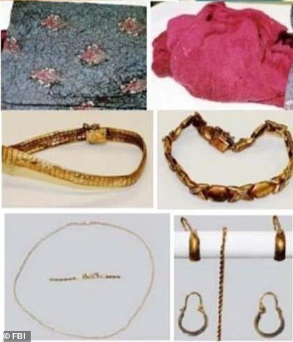 Inside the Rubbermaid container was a floral patterned pillowcase and a red towel (pictured top). Similar gold jewelry was also found with both the mom and child's remains