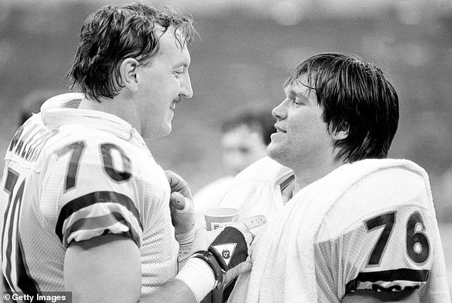 McMichael is pictured celebrating the Bears' Super Bowl win with teammate Henry Waechter