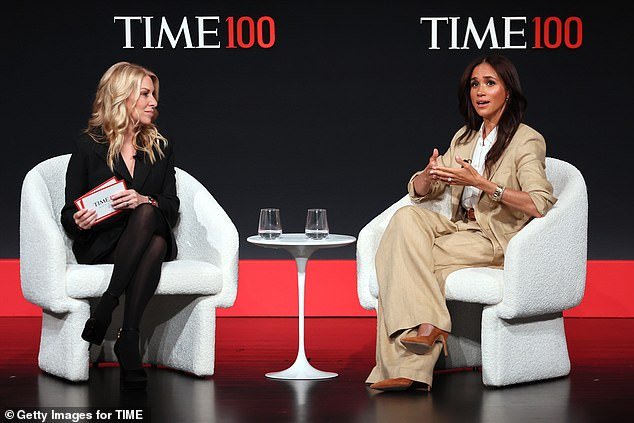 Meghan speaks with Time chief executive Jessica Sibley yesterday at the event in New York