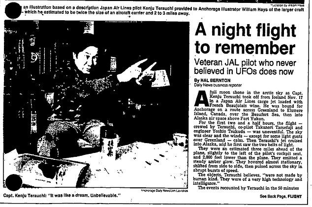 According to Captain Kenju Terauchi, his first officer and flight engineer saw a giant round UFO as big as an aircraft carrier and flashing multicolored lights