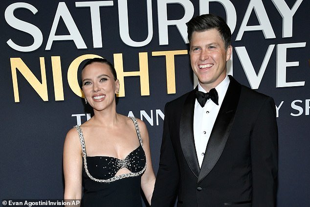 While Goggins will host May 10, Scarlett Johansson will wrap up SNL's 50th season by hosting on May 17 - pictured with husband and SNL star Colin Jost in February
