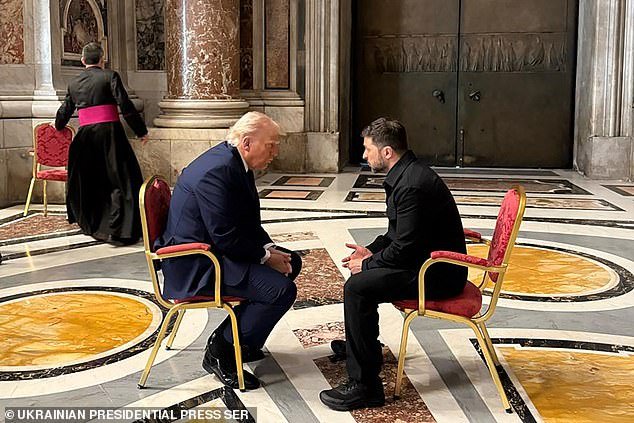 Ukraine's President Volodymyr Zelensky (L) meets with US President Donald Trump (R) on the sidelines of Pope Francis's funeral at St. Peter's Basilica at the Vatican
