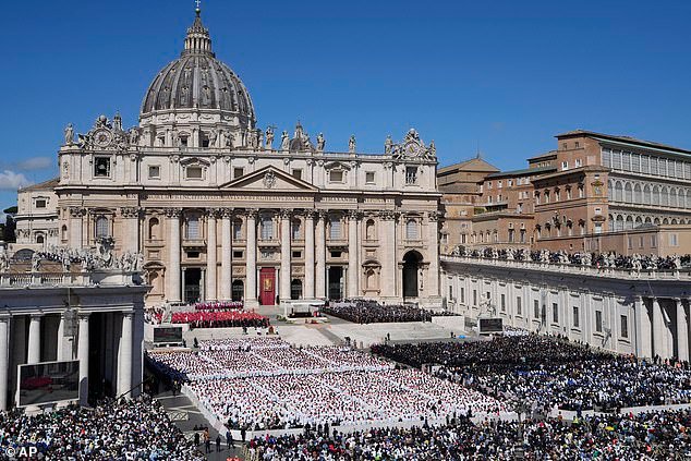 A view of the funeral of Pope Francis in St. Peter's Square at the Vatican, Saturday, April 26