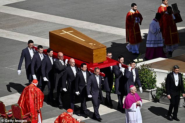 Pallbearers carry the coffin during the funeral of Pope Francis in St. Peter's Square
