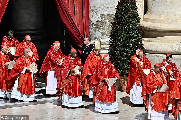 Cardinals arrive at the funeral of Pope Francis in St. Peter's Square on April 26