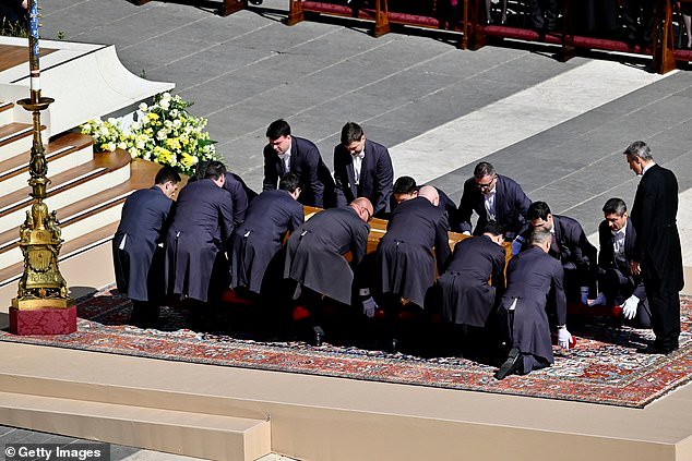 Pallbearers carry the coffin during the funeral of Pope Francis in St. Peter's Square