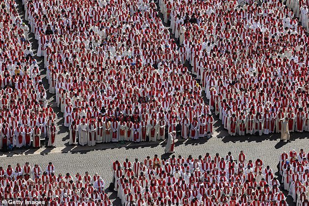 Members of the clergy attend the funeral of Pope Francis in St. Peter's Square on April 26