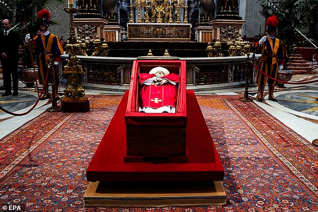 The body of Pope Francis lies in state inside Saint Peter's Basilica, in Vatican City, 23 April