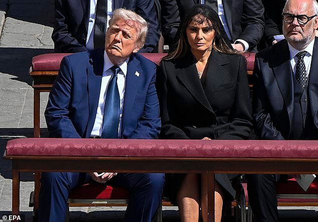 The US President was pride of place at the Pope's funeral on Saturday as he and his wife Melania sat in the front row of hundreds of foreign dignitaries and royalty