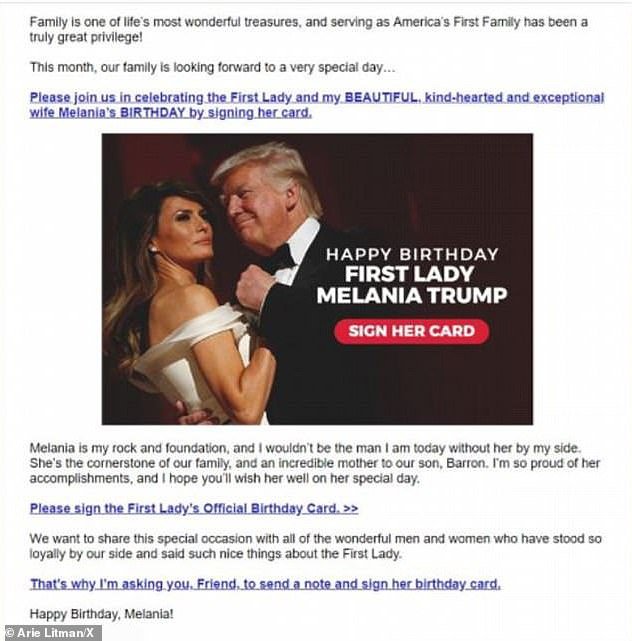 For her 48th birthday on April 26, the president called into Fox & Friends and gave his wife a shout-out. He also paid tribute to Melania, calling her his 'rock' and 'foundation,' in an email asking supporters to celebrate her birthday and donate to his campaign