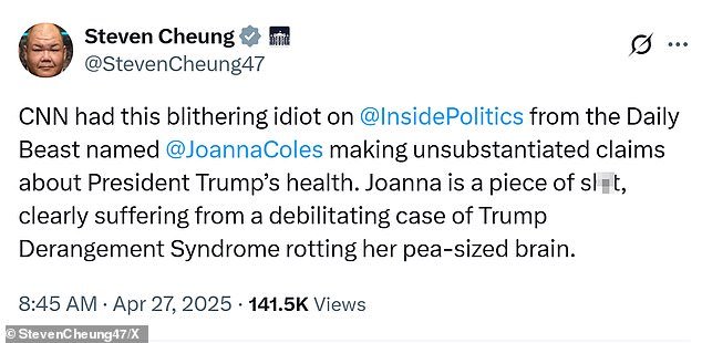 Cheung slammed Joanna Coles as a 'piece of s***' with a 'pea-sized brain' after she spoke about Trump's apparent weight loss during her appearance on Inside Politics