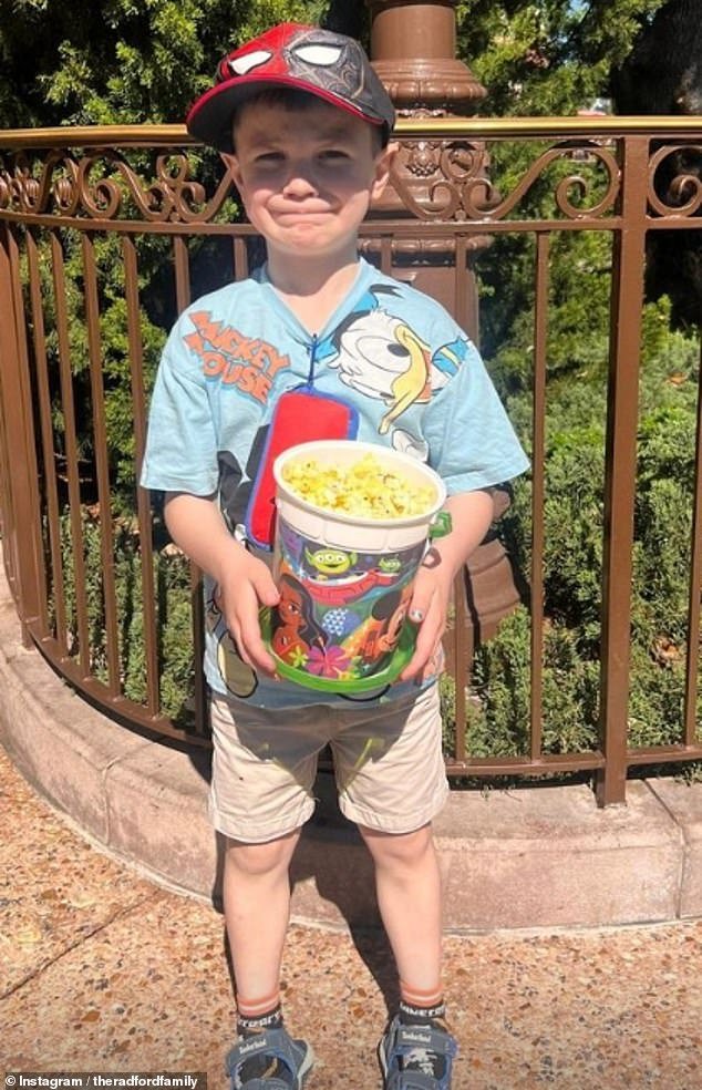 Photos show the smiling group posing on the plane, enjoying Disney World themed snacks, and sporting Mickey Mouse ears while lapping up the good weather