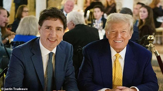 Carney will remain in charge of dealing with an American president in Donald Trump (pictured right) who has openly gloated about making the neighbors to the north the '51st state' and calling his predecessor 'Governor [Justin] Trudeau' (pictured left)