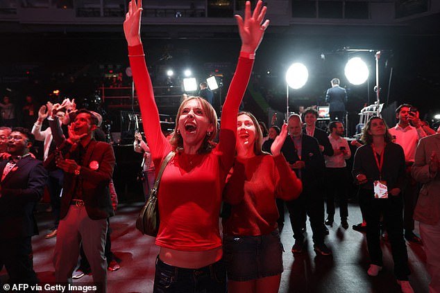 Supporters for Canada's Prime Minister and Liberal Party leader Mark Carney celebrates as results are announced