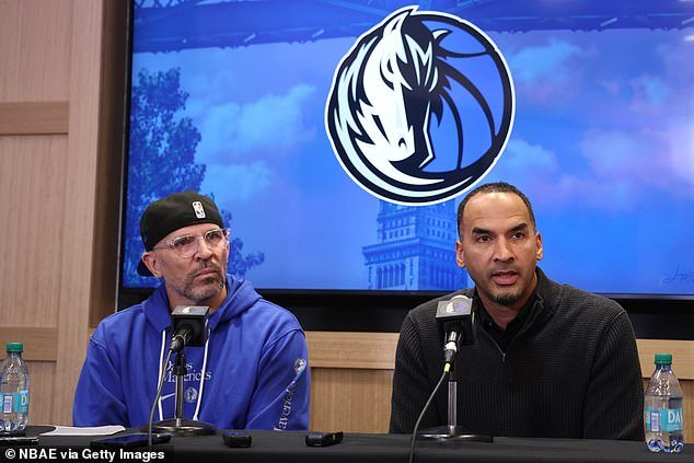 Harrison and Mavs coach Jason Kidd are seen speaking to the media after the Doncic trade