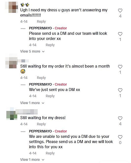 In the comments of Peppermayo's TikTok showing models in their clothing, customers requested explanations on where their orders were