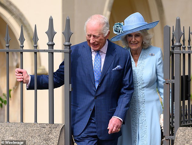 The King was diagnosed with an undisclosed form of cancer in January last year following routine surgery for an enlarged prostate. Pictured: With Queen Camilla at the Easter Sunday Mattins Service on April 20