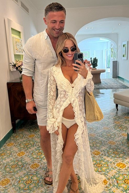 One image showed the hairdresser's bare bump in a loved-up mirror selfie with Sam