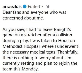 The 28-year-old San Diego Padres star and native of San Felipe, Venezuela calmed fans' fears on Instagram by announcing he will be back with the club on Monday