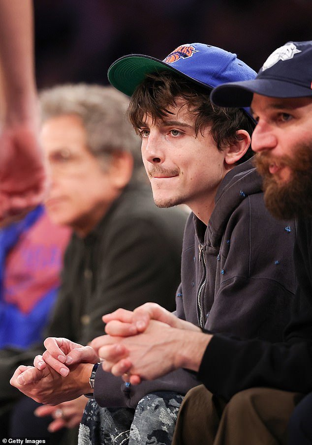 Timothée Chalamet looked sombre as he watched the Detroit Pistons and the New York Knicks NBA Playoffs at Madison Square Garden on Monday