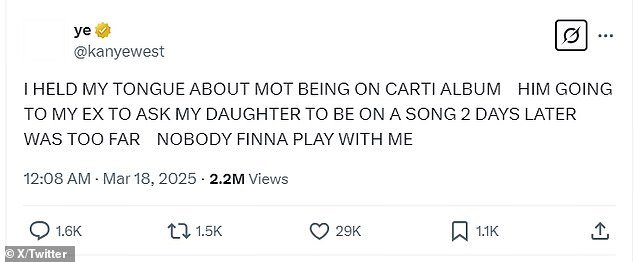 West said Playboy Carti was out of line in going behind his back to seal the collab with North