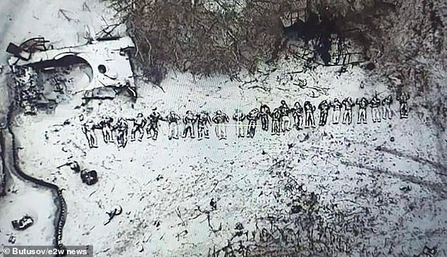 This macabre image reportedly shows a row of North Korean soldiers killed in the Russian city of Kursk