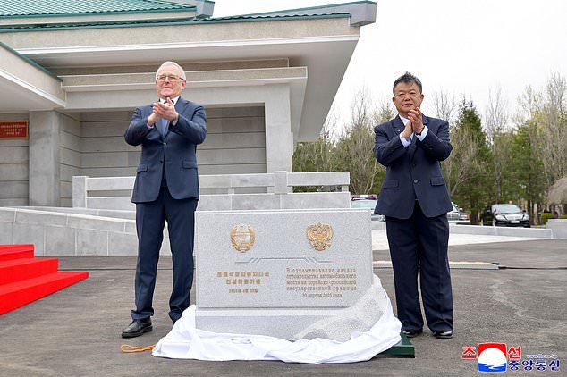 This photo provided by the North Korean government, shows a ground-breaking ceremony for the construction of a bridge between North Korea and Russia, in Rason Municipality, North Korea Wednesday, April 30, 2025