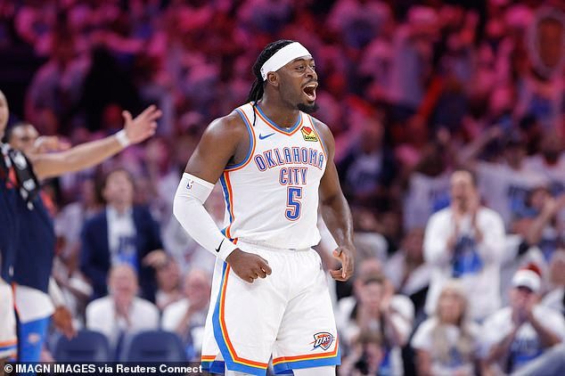 Thunder guard Luguentz Dort celebrates during Oklahoma City's 131-80 victory over Memphis