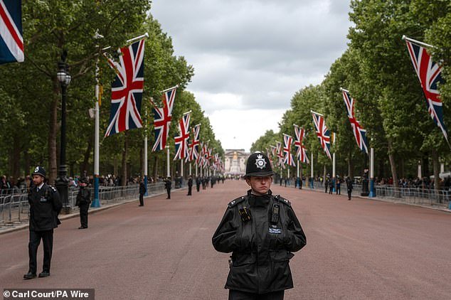 Members of the Household Cavalry Regiment parade on The Mall this morning ahead of the military procession