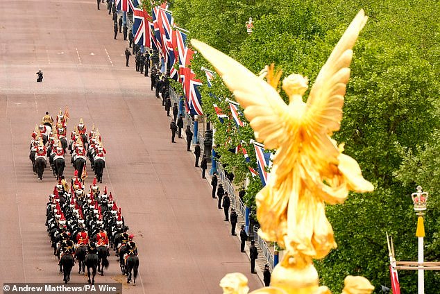 Members of the Household Cavalry on The Mall near Buckingham Palace in London this morning ahead of the procession