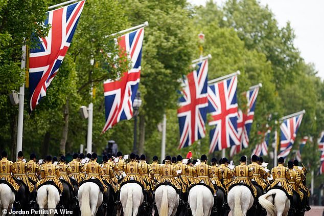 Members of the Band of the Household Cavalry ahead of a military procession marking the 80th anniversary of VE Day today