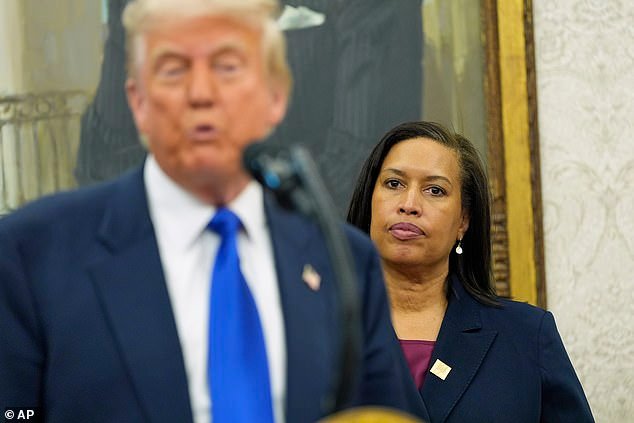 Mayor Muriel Bowser listens as President Donald Trump speaks during an event to announce that the 2027 NFL Draft will be held on the National Mall