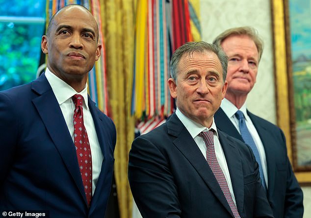 HUD Secretary and former Redskins defensive back Scott Turner, Commanders owner Josh Harris and NFL Commissioner Roger Goodell attend an event with U.S. President Donald Trump