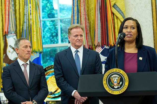 District of Columbia Mayor Muriel Bowser, from right, speaks as NFL Commissioner Roger Goodell and Washington Commanders owner Josh Harris are pictured in the Oval Office