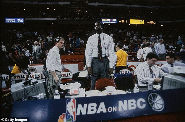 Former NBA basketball player Magic Johnson, NBC commentator, at the 1993 NBA Finals - Game 5, Chicago Bulls vs Phoenix Suns, held at the Chicago Stadium
