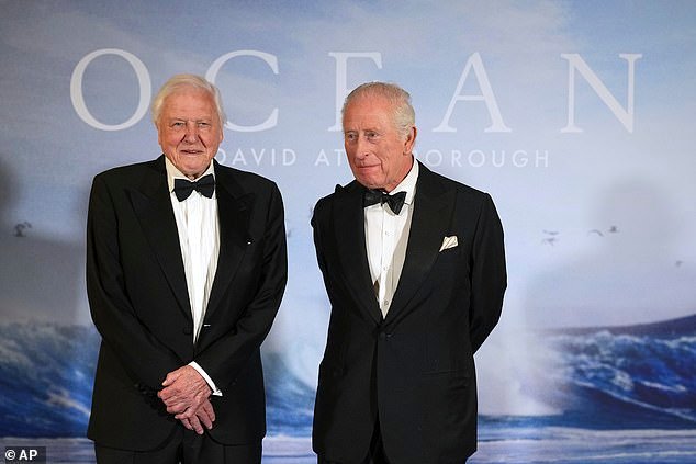 A-lists got together to celebrate the legendary environmentalist, 98, and his latest documentary which releases on his 99th birthday on Thursday - pictured with King Charles II