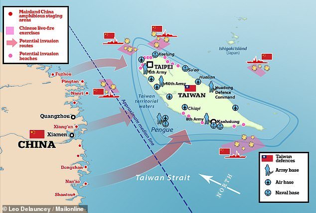 This graphic shows areas Chinese troops are likely to launch from and where in Taiwan they are likely to land if Beijing did launch an invasion