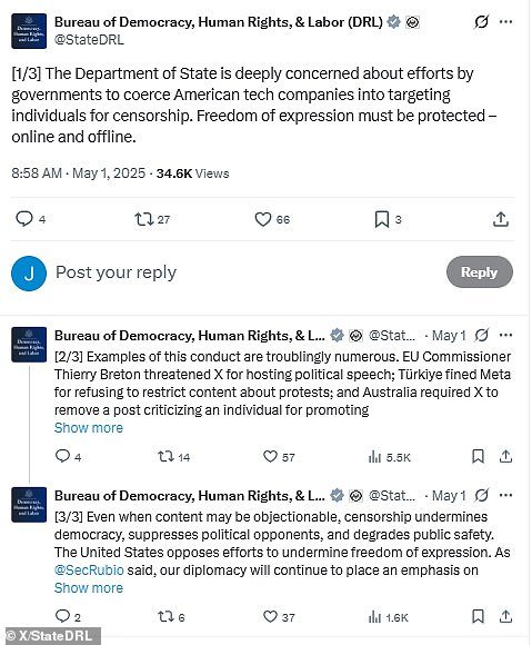 The State Department's Bureau of Democracy, Human Rights, & Labor (DRL) on Mday 1, 2025 called out Australia, the European Union and Turkey for their recent actions suppressing online activity related to political speech, gender ideology and peaceful protests of U.S. companies