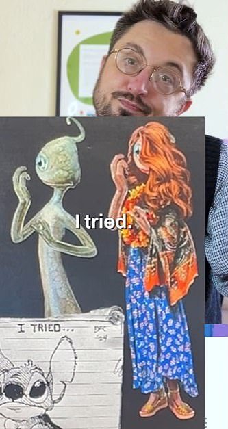 When one fan asked why Pleakley wasn't seen in his iconic dress, he responded, 'I tried.' An image of his original concepts for the film then flashed across the screen, which showed Pleakley indeed wearing women's clothing and a long-haired red wig