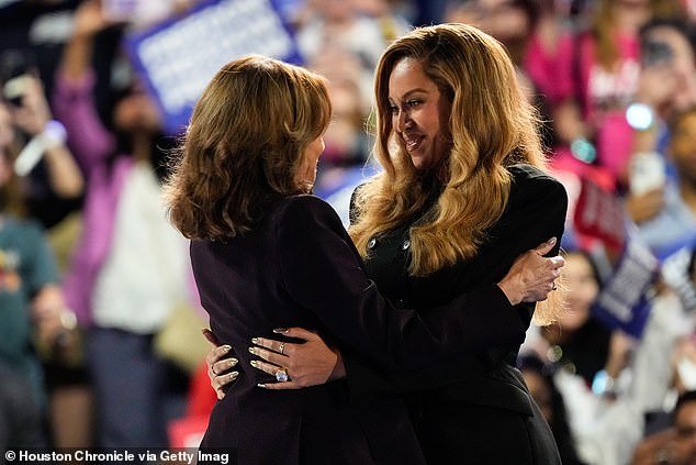 Houston native Beyonce Knowles hugs Vice President Kamala Harris during her rally