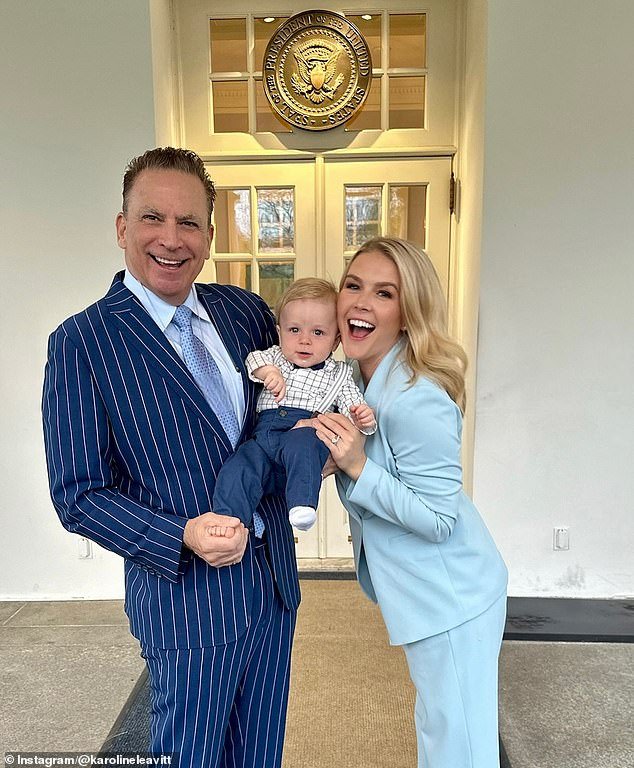 Karoline Leavitt, husband Nicholas Riccio and baby Niko in front of the West Wing