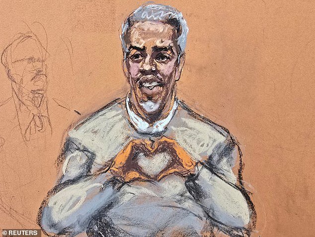 Diddy made a heart with his hands as a gesture to his kids who returned to the courtroom ¿ despite walking out yesterday as prosecution witness revealed explicit details of their father's sexual encounters