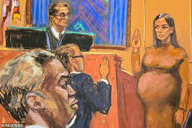 Diddy watching as Cassie is sworn in as a prosecution witness during his second day at court on Tuesday. This was the first time the former couple had seen each other since Kim Porter's funeral