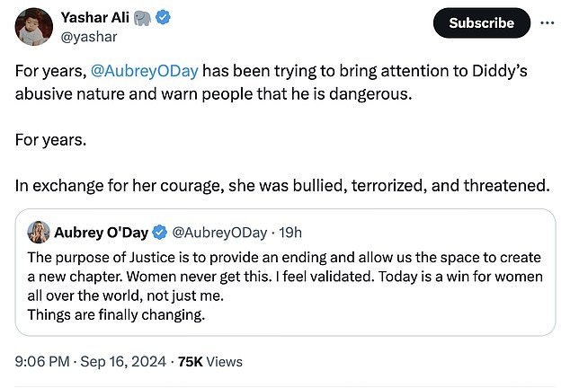 She also quoted a post from journalist Yashar Ali in which he noted that O'Day 'has been trying to bring attention to Diddy's abusive nature and warn people that he is dangerous. For years.' He added that O'Day's 'courage' led her to allegedly be 'bullied, terrorized, and threatened'