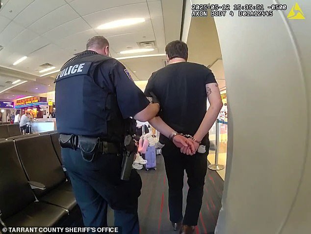 Saad Saidbaca can be seen being led away in handcuffs from his aircraft at Dallas Fort Worth International Airport on Monday
