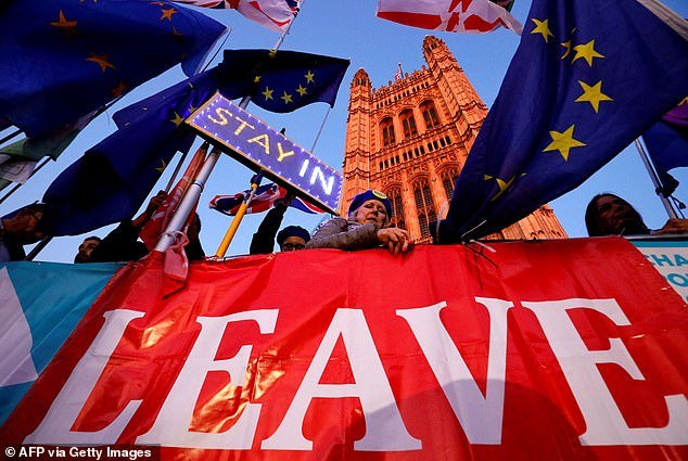 Pro-Leave supporters outside the Houses of Parliament yesterday