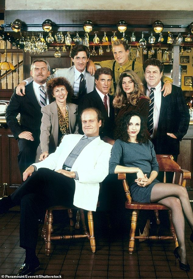 The legendary actor, played the beloved barfly on the hit NBC show from 1982-1993 and earned six consecutive Emmy nominations for the role - pictured top right with the cast - Rhea Perlman, Ted Danson, Woody Harrelson, John Ratzenberger, Kelsey Grammer, Kirstie Alley, Roger Rees and Bebe Neuwirth in the 1980s