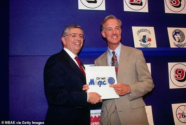 NBA Commissioner David Stern and vice president Pat Williams of the Orlando Magic during the 1992 NBA Draft Lottery held in Secaucus, New Jersey